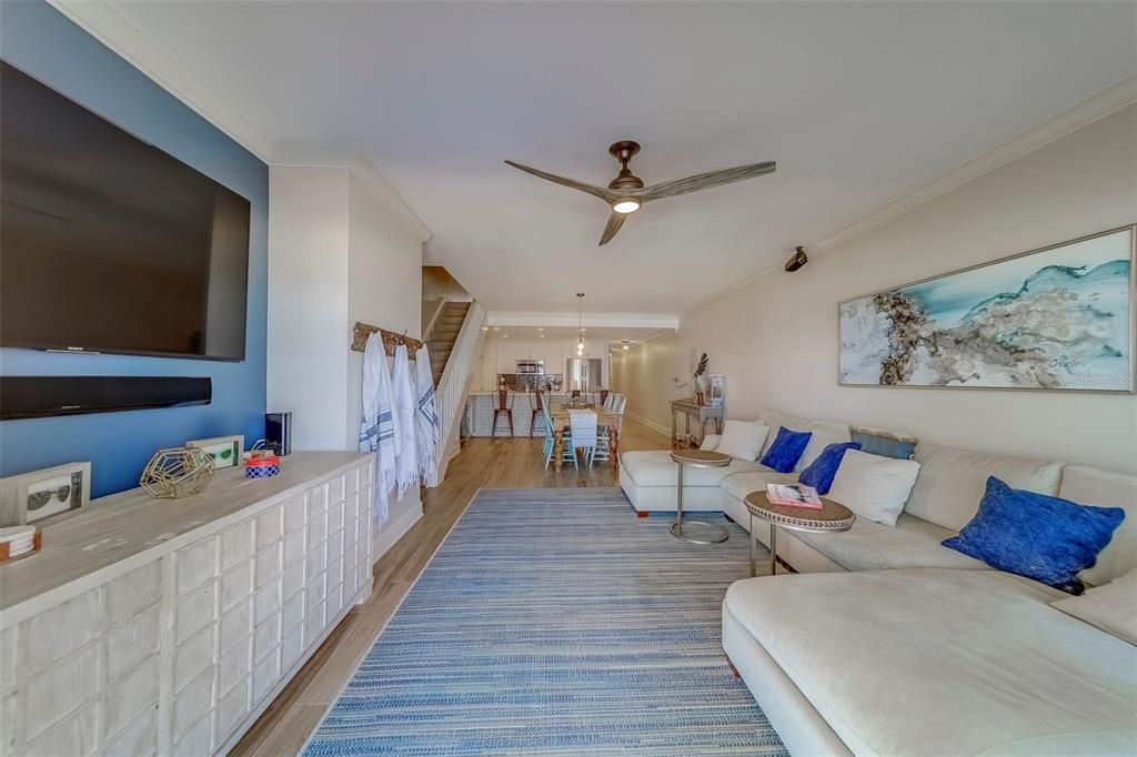 Dining room, Interior, Living room, Pendant Lights, Wood Texture Flooring