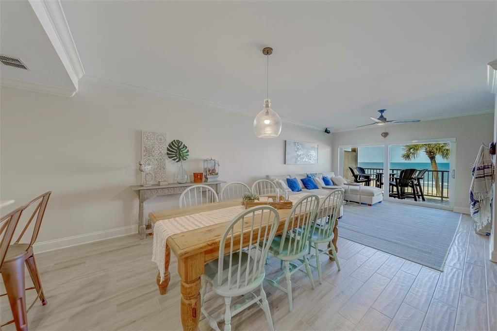 Dining room, Interior, Living room, Pendant Lights, Water, Wood Texture Flooring