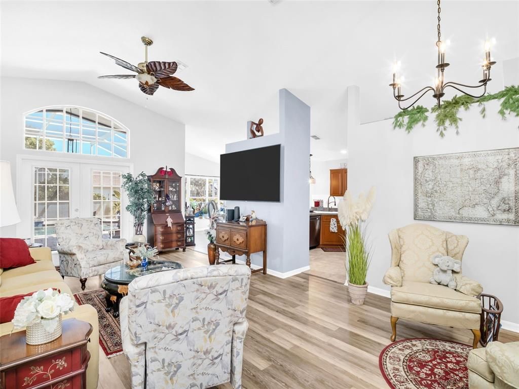Chandelier, Interior, Living room, Wood Texture Flooring