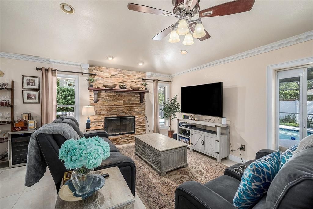 Fireplace, Interior, Living room, Recessed Lighting, Stone Walls
