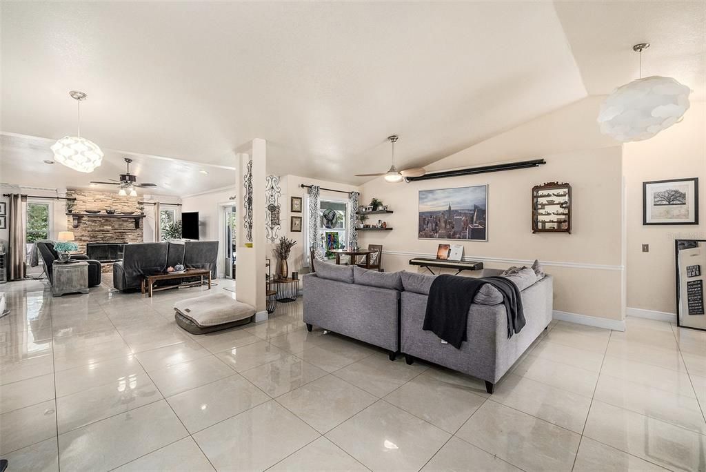 Dining room, Fireplace, Interior, Living room, Pendant Lights