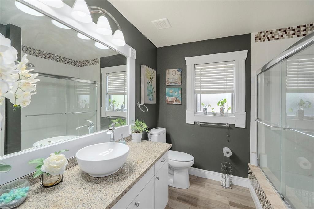 Bathroom, Glass Shower, Interior, Wood Texture Flooring