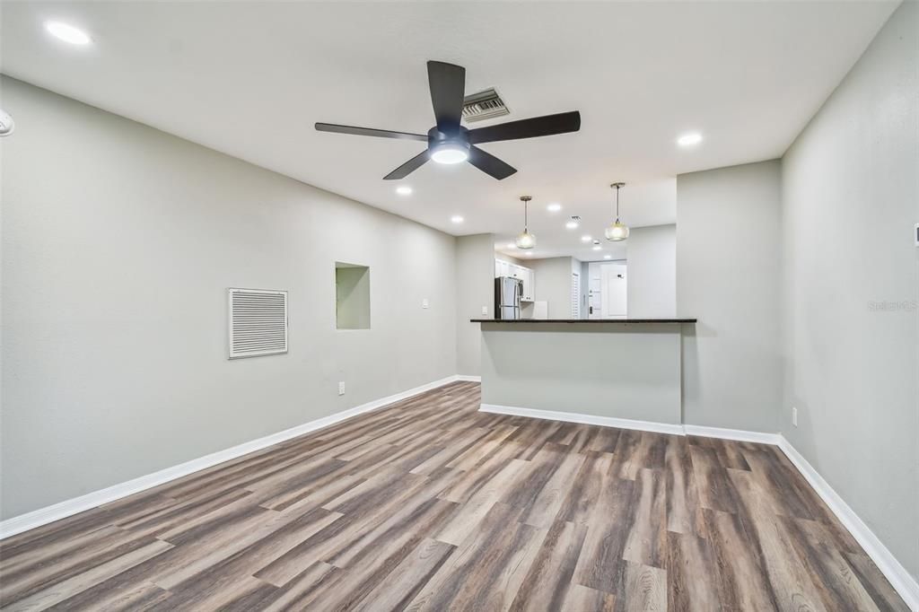 Empty room, Interior, Kitchen, Pendant Lights, Recessed Lighting, Wood Texture Flooring