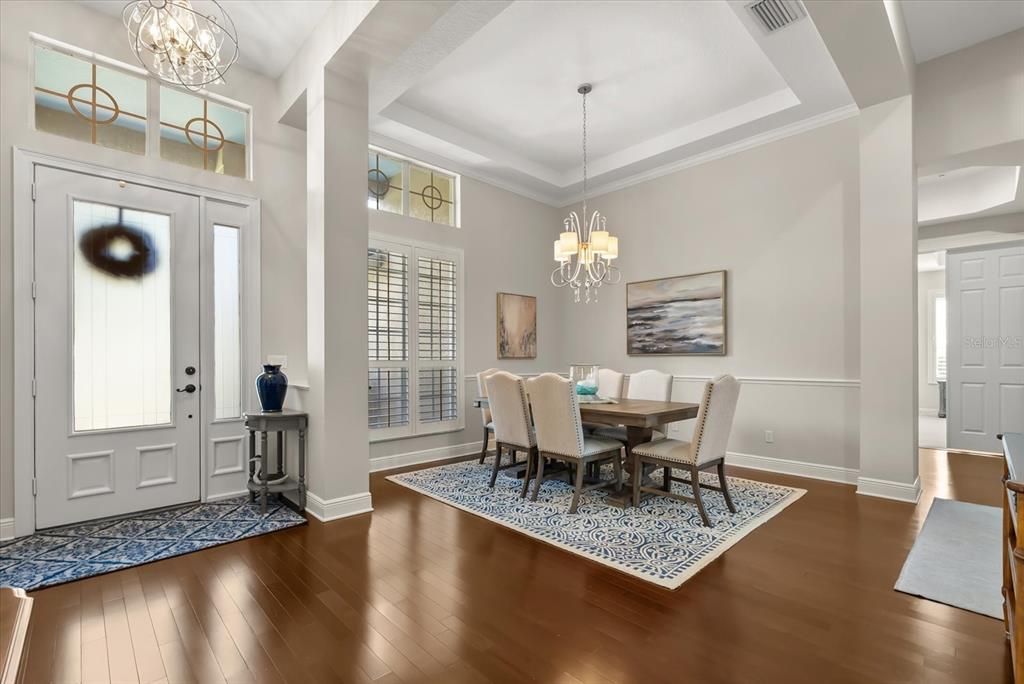 Chandelier, Dining room, Interior, Pendant Lights, Wood Texture Flooring