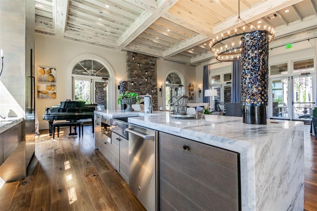 Fireplace, Interior, Kitchen, Pendant Lights, Piano, Recessed Lighting, Stone Walls, Wooden Beams, Wooden Ceilings, Wood Texture Flooring