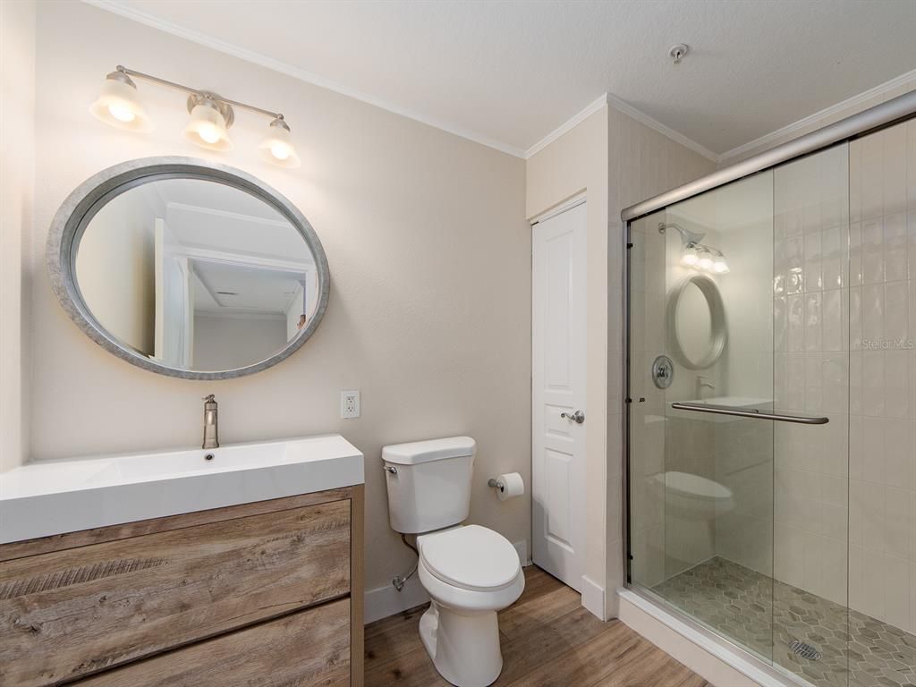 Bathroom, Glass Shower, Interior, Wood Texture Flooring