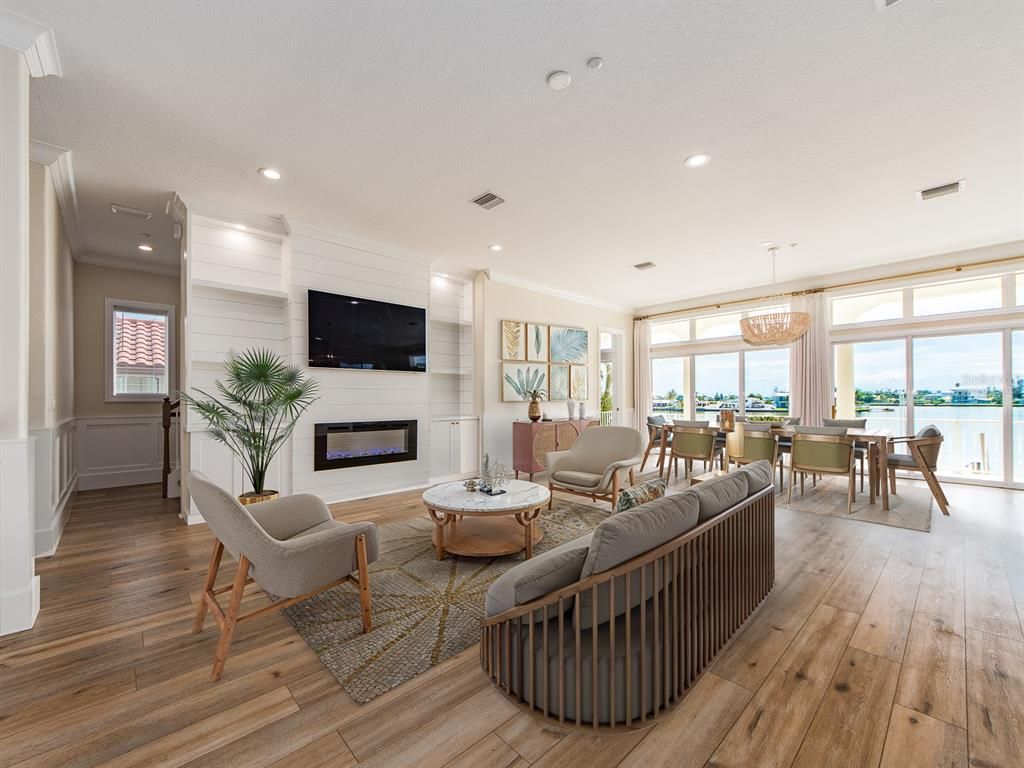 Dining room, Fireplace, Interior, Living room, Pendant Lights, Recessed Lighting, Wood Texture Flooring