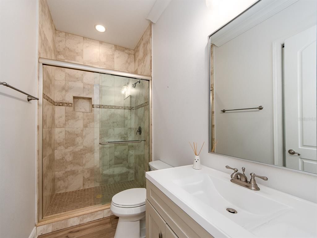 Bathroom, Glass Shower, Interior, Recessed Lighting, Wood Texture Flooring