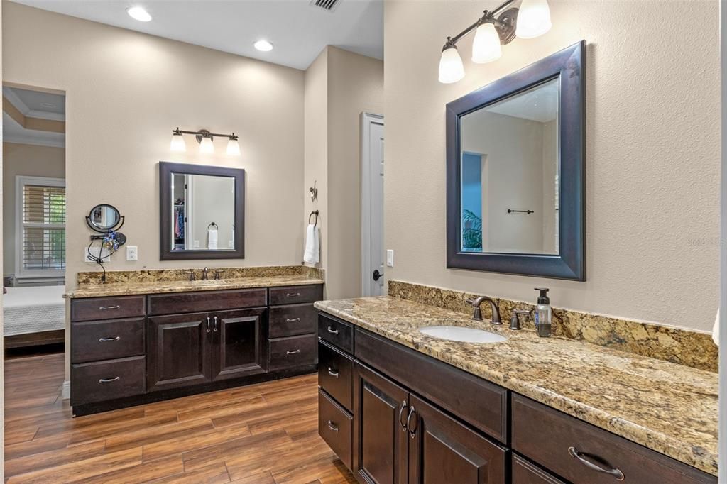 Bathroom, Dual Sink Vanities, Interior, Recessed Lighting, Wood Texture Flooring