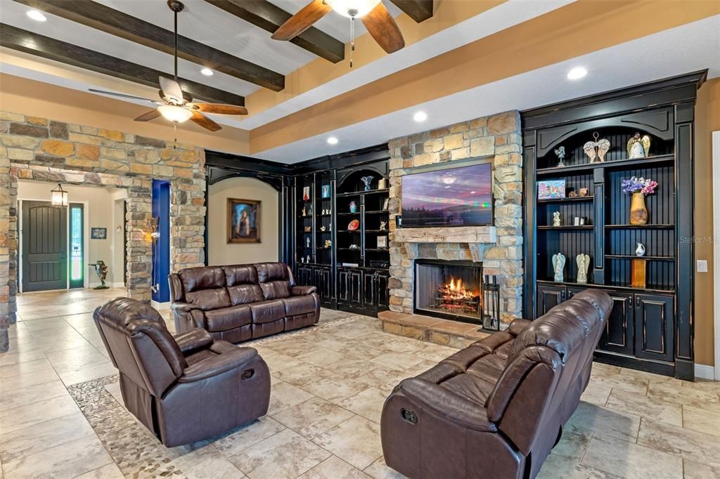 Fireplace, Interior, Living room, Recessed Lighting, Stone Walls, Wooden Beams
