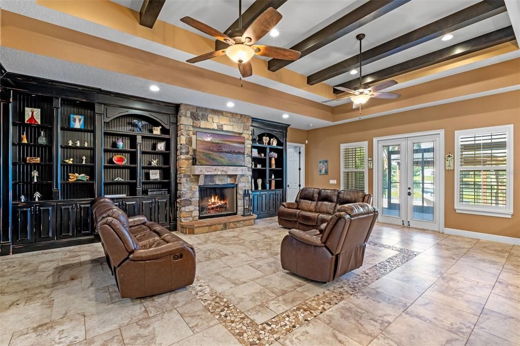 Fireplace, Interior, Living room, Recessed Lighting, Stone Walls, Wooden Beams