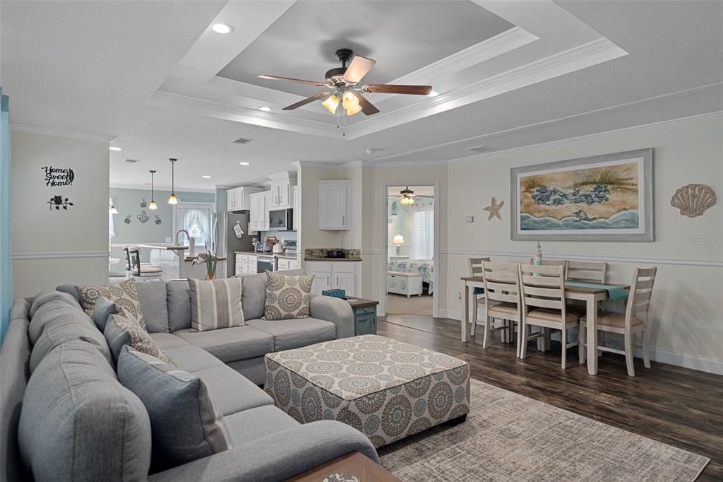 Dining room, Interior, Kitchen, Living room, Pendant Lights, Recessed Lighting, Stainless Steel Appliances, Wood Texture Flooring