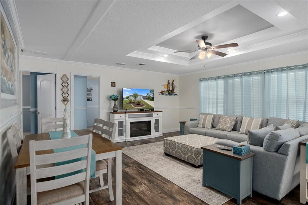 Dining room, Interior, Living room, Recessed Lighting, Wood Texture Flooring