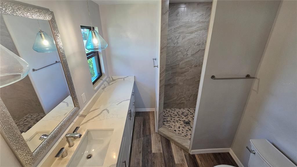 Bathroom, Interior, Marble Walls, Wood Texture Flooring