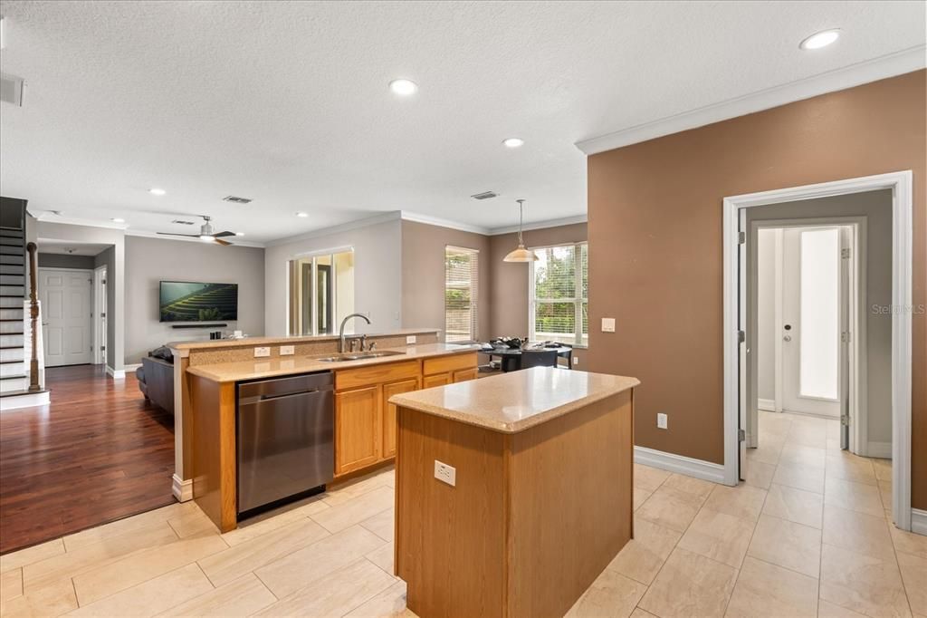 Interior, Kitchen, Living room, Pendant Lights, Recessed Lighting, Wood Texture Flooring