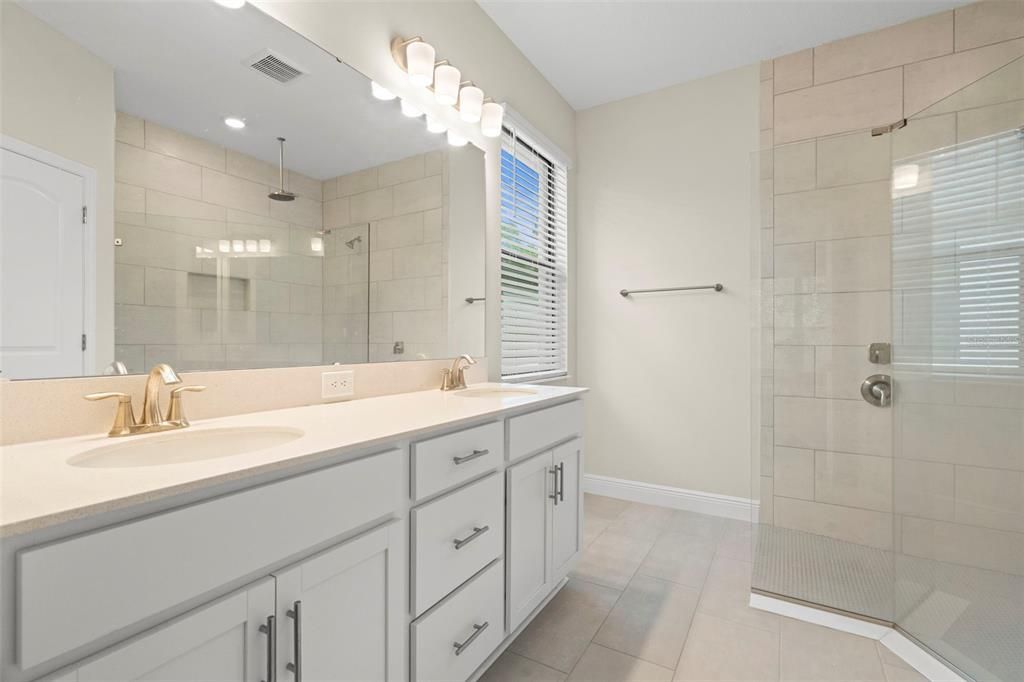 Bathroom, Dual Sink Vanities, Glass Shower, Interior, Recessed Lighting
