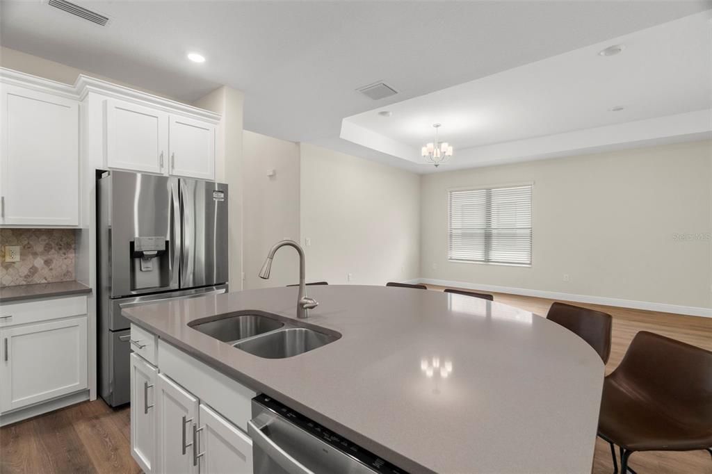 Chandelier, Interior, Kitchen, Recessed Lighting, Stainless Steel Appliances, Wood Texture Flooring