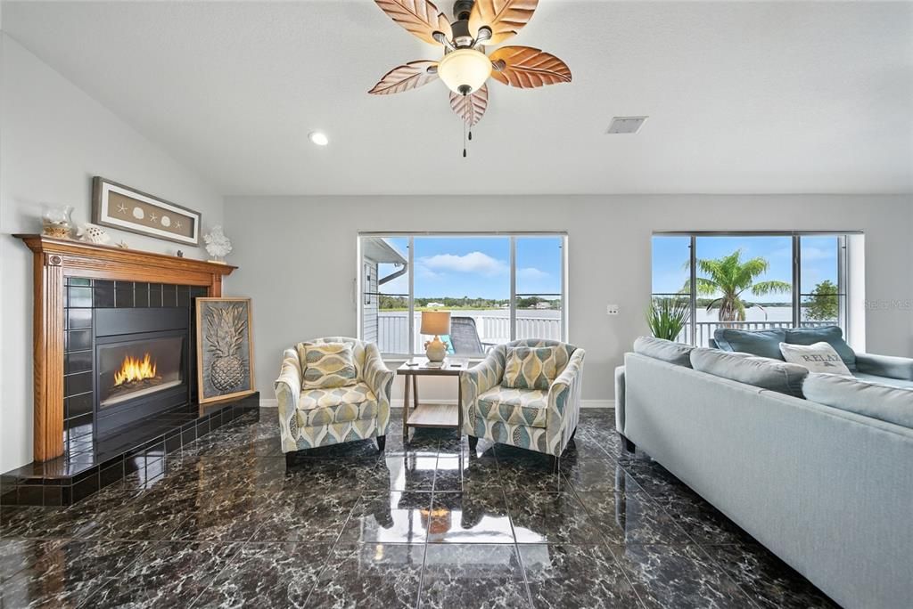 Fireplace, Interior, Living room, Marble, Recessed Lighting