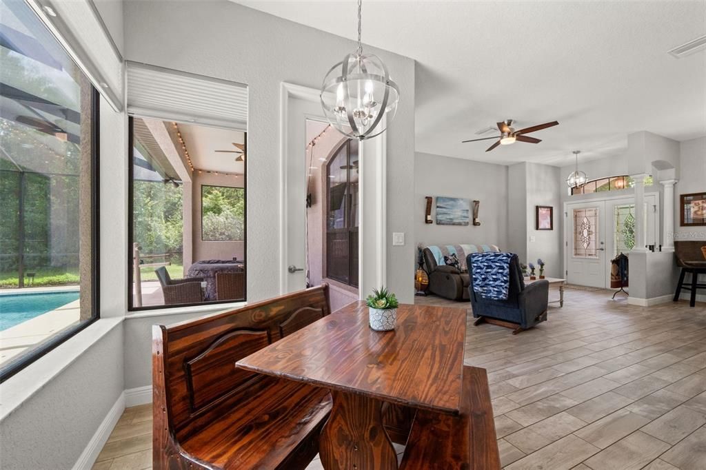 Dining room, Interior, Living room, Pendant Lights, Wood Texture Flooring