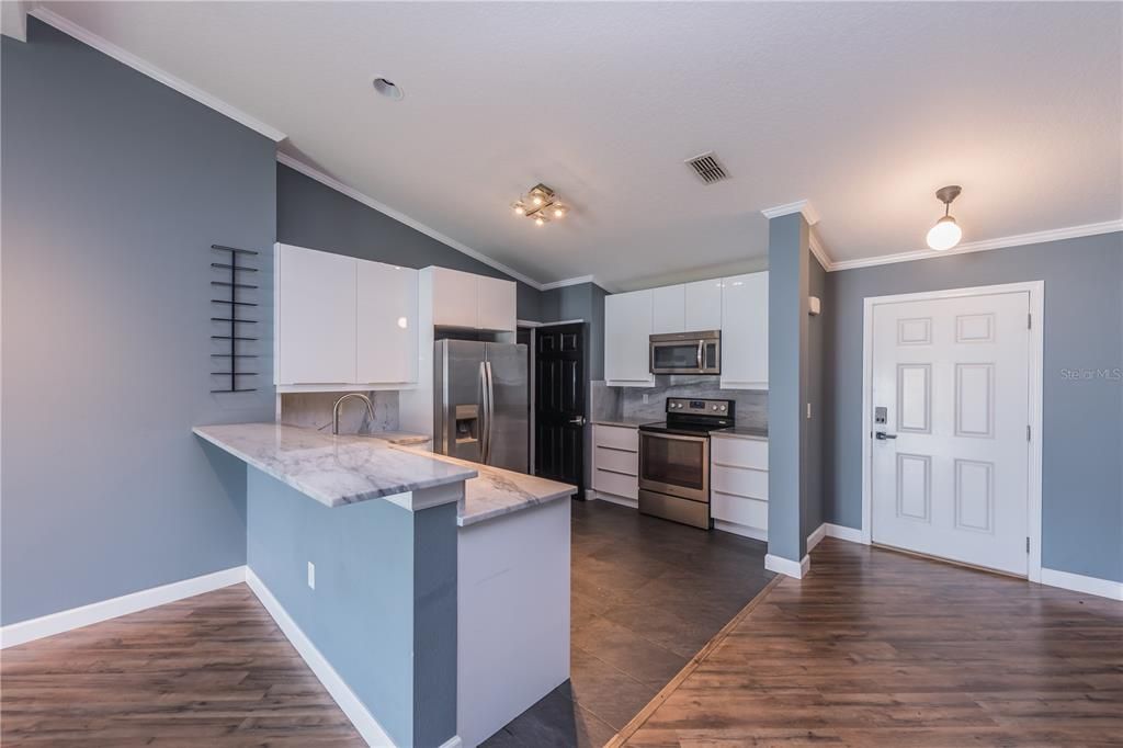 Interior, Kitchen, Stainless Steel Appliances, Wood Texture Flooring