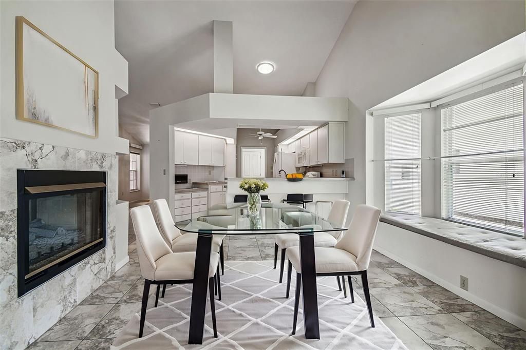 Dining room, Fireplace, Interior, Kitchen, Marble