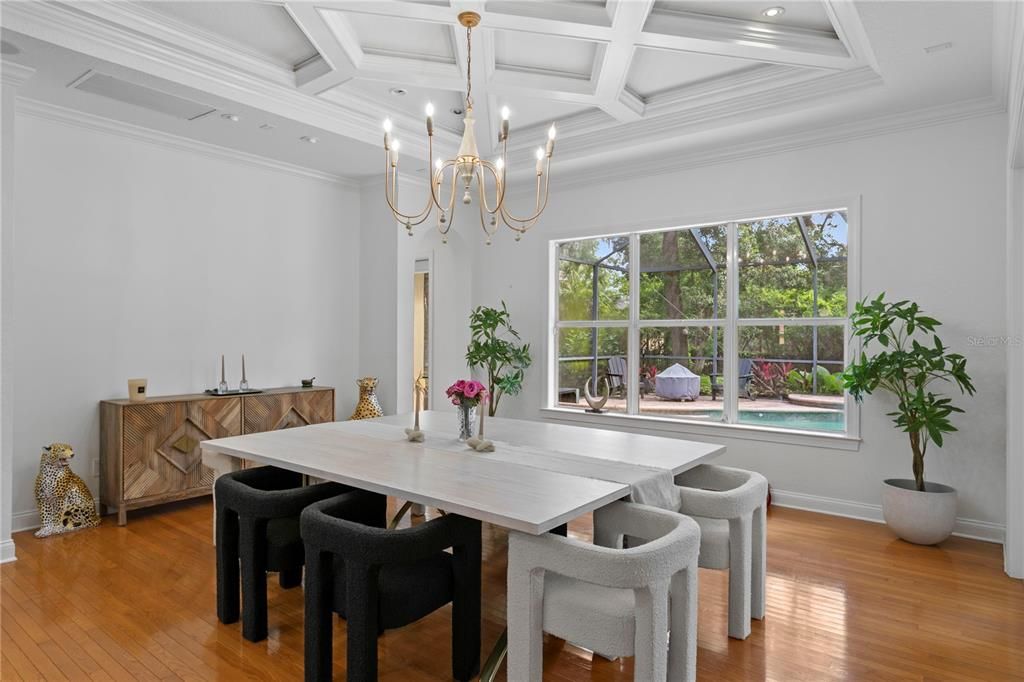 Chandelier, Dining room, Interior, Recessed Lighting, Wood Texture Flooring