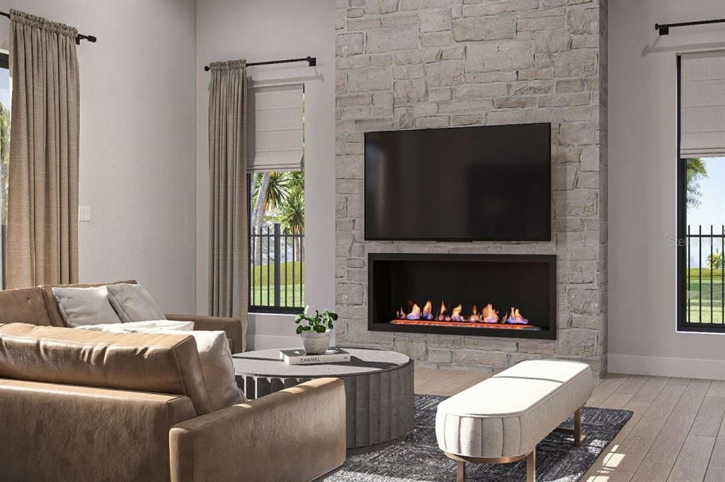 Fireplace, Interior, Living room, Stone Walls, Wood Texture Flooring
