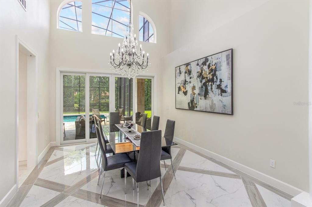 Chandelier, Dining room, Interior, Marble