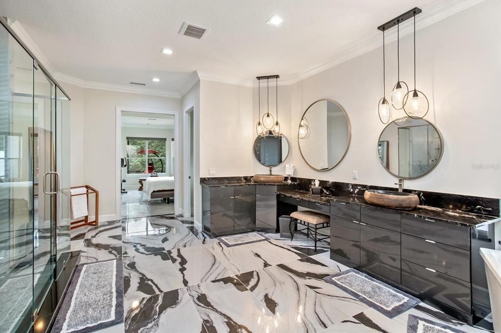 Bathroom, Dual Sink Vanities, Interior, Marble, Pendant Lights, Recessed Lighting
