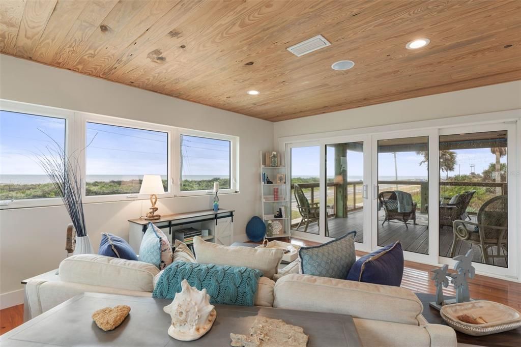 Interior, Living room, Recessed Lighting, Water, Wooden Ceilings, Wood Texture Flooring