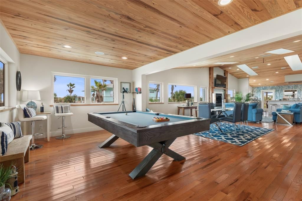 Billiard Table, Game Room, Interior, Living room, Recessed Lighting, Wooden Ceilings, Wood Texture Flooring