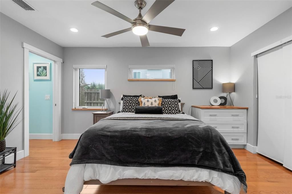 Bedroom, Interior, Recessed Lighting, Wood Texture Flooring