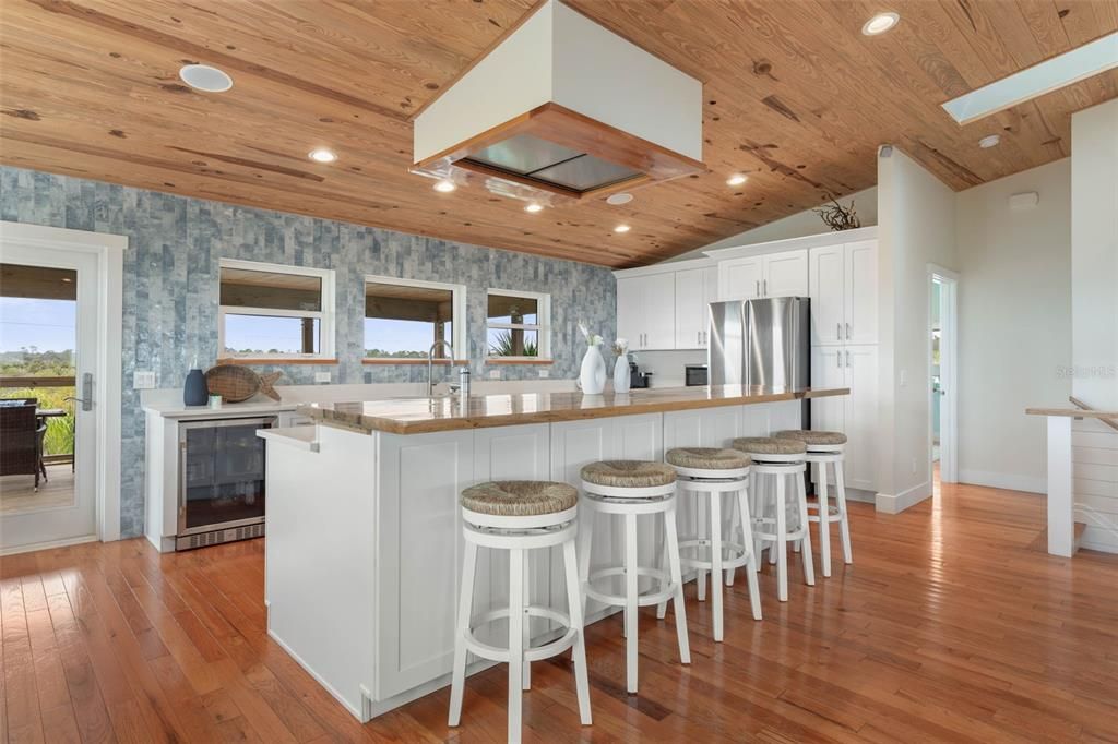 Interior, Kitchen, Recessed Lighting, Stainless Steel Appliances, Wooden Ceilings, Wood Texture Flooring