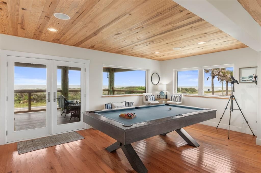 Billiard Table, Game Room, Interior, Recessed Lighting, Water, Wooden Ceilings, Wood Texture Flooring