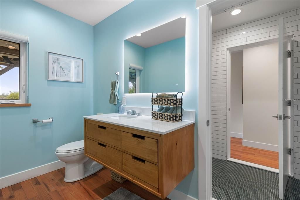 Bathroom, Interior, Recessed Lighting, Wood Texture Flooring