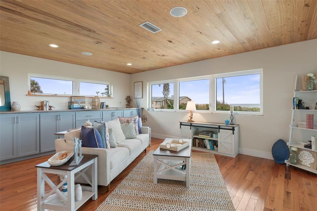 Interior, Living room, Recessed Lighting, Wooden Ceilings, Wood Texture Flooring