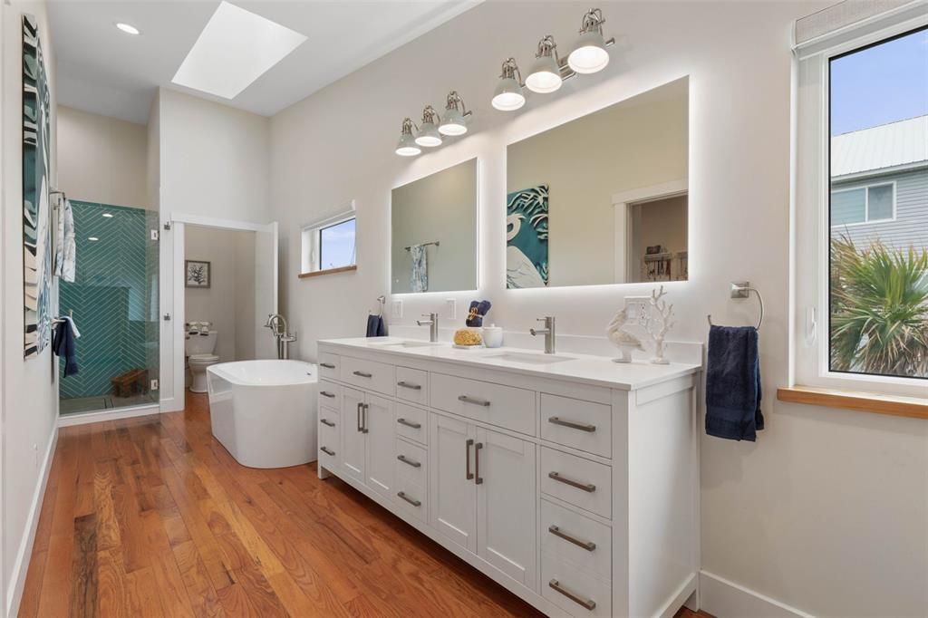 Bathroom, Dual Sink Vanities, Free Standing Baths, Interior, Recessed Lighting, Wood Texture Flooring