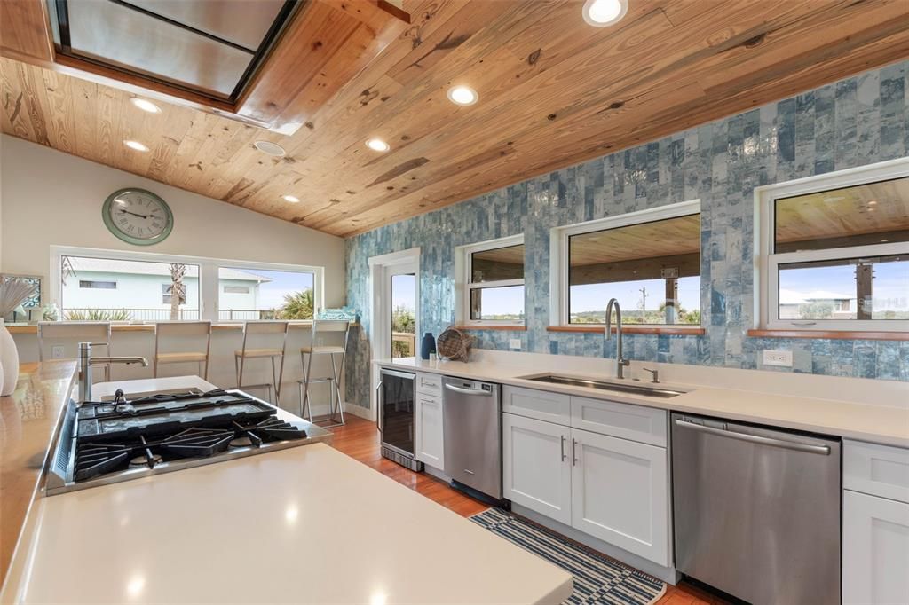 Interior, Kitchen, Recessed Lighting, Stainless Steel Appliances, Wooden Ceilings, Wood Texture Flooring