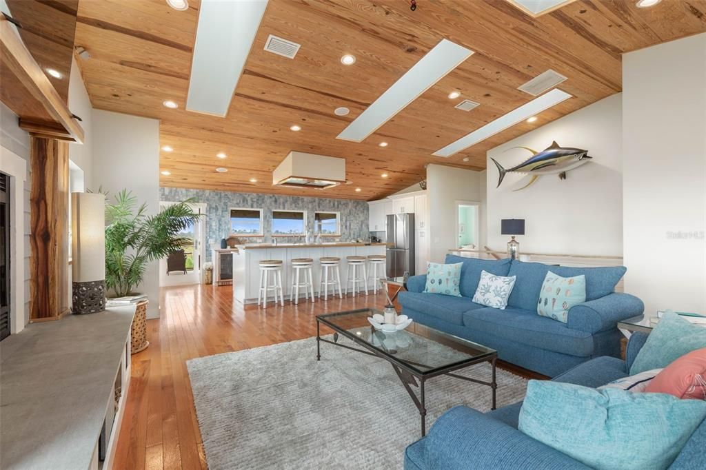 Interior, Kitchen, Living room, Recessed Lighting, Stainless Steel Appliances, Wooden Ceilings, Wood Texture Flooring