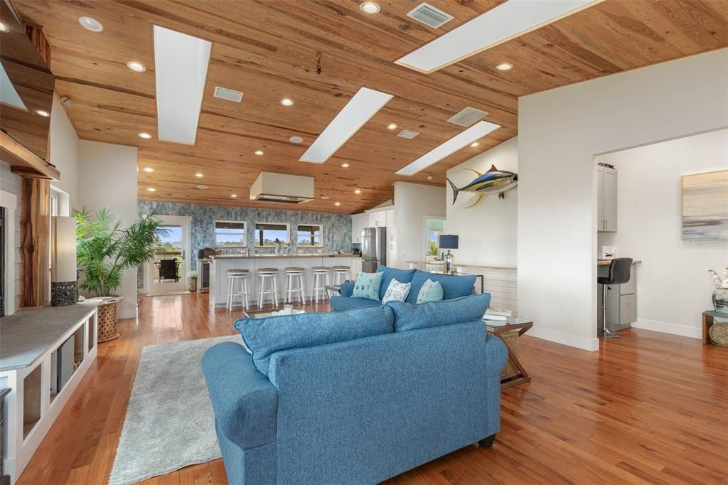 Interior, Kitchen, Living room, Recessed Lighting, Stainless Steel Appliances, Wooden Ceilings, Wood Texture Flooring