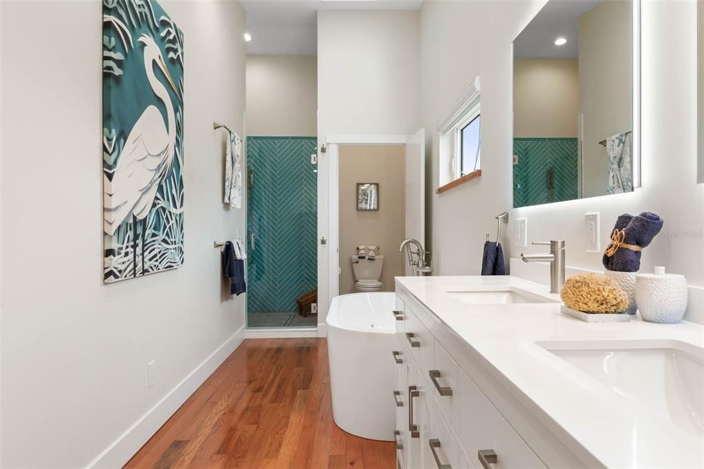 Bathroom, Dual Sink Vanities, Interior, Recessed Lighting, Wood Texture Flooring