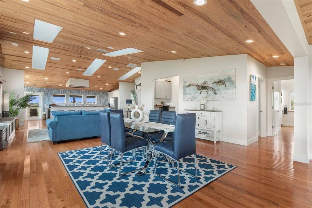 Dining room, Interior, Kitchen, Living room, Recessed Lighting, Wooden Ceilings, Wood Texture Flooring