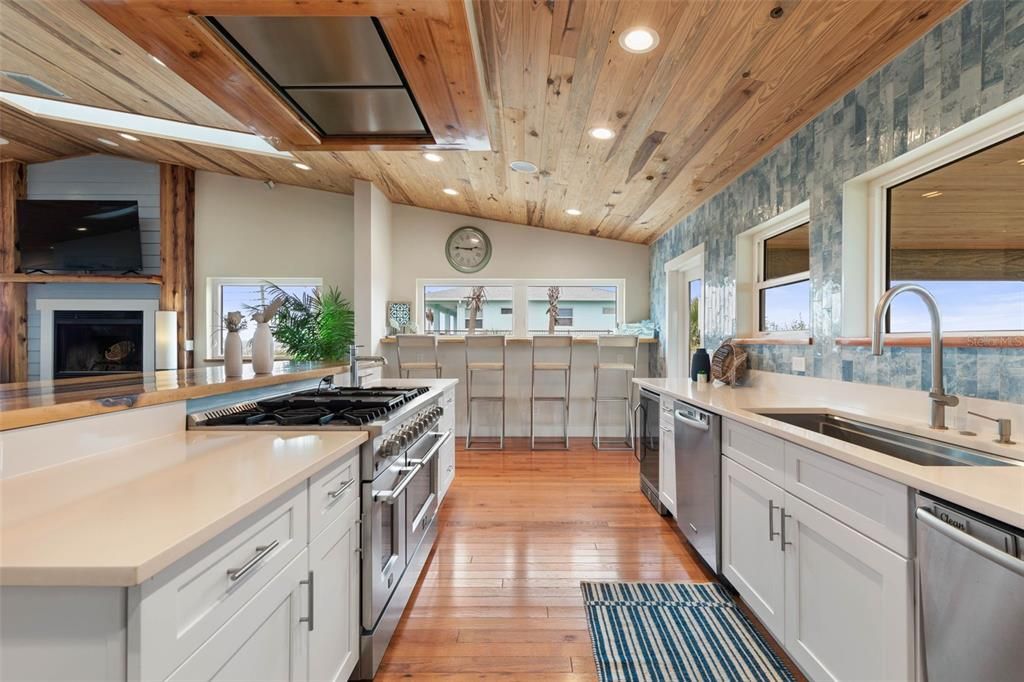 Interior, Kitchen, Recessed Lighting, Stainless Steel Appliances, Wooden Ceilings, Wood Texture Flooring