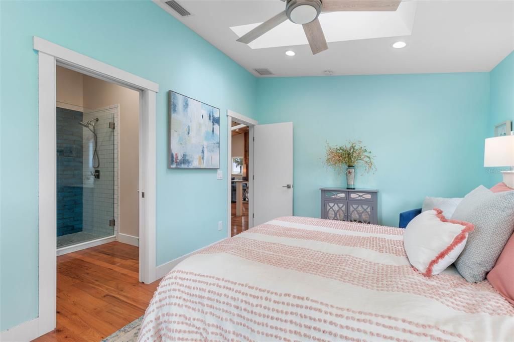 Bathroom, Bedroom, Glass Shower, Interior, Recessed Lighting, Wood Texture Flooring