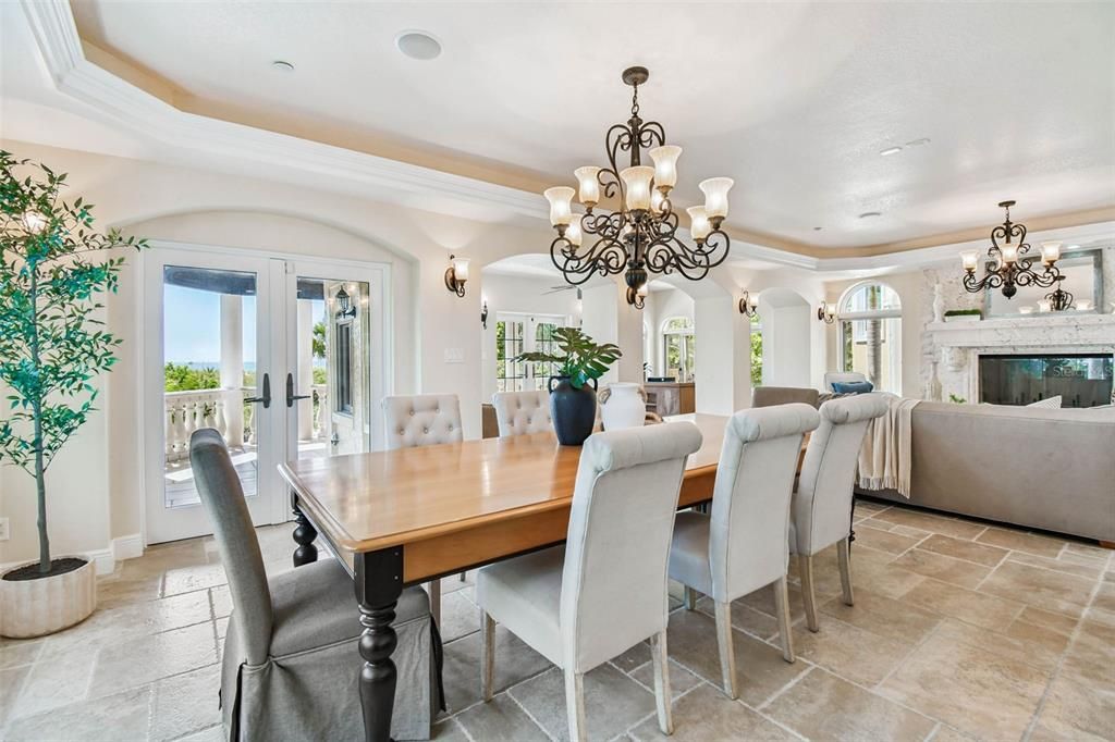 Chandelier, Dining room, Fireplace, Interior, Living room, Recessed Lighting