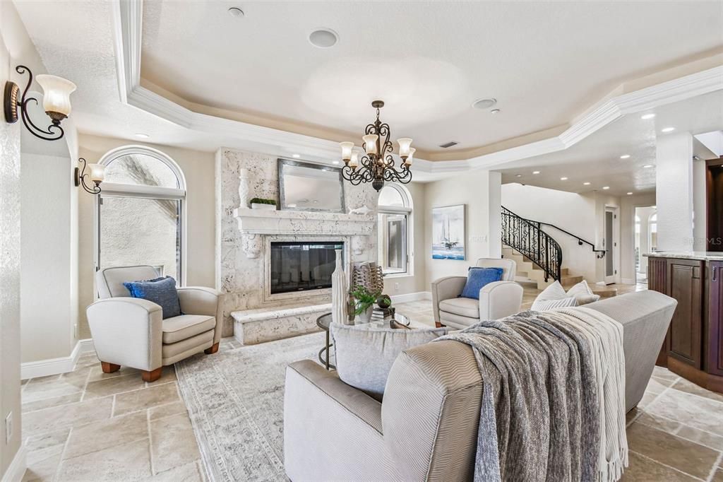 Chandelier, Fireplace, Interior, Living room, Recessed Lighting