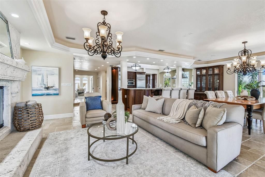 Chandelier, Dining room, Fireplace, Interior, Kitchen, Living room, Recessed Lighting