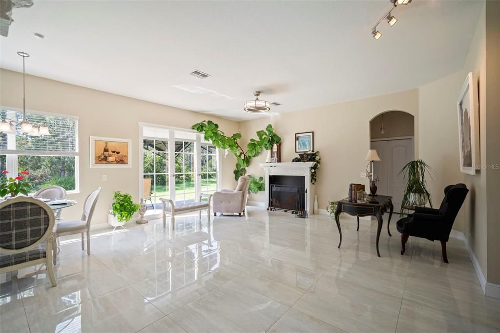 Dining room, Fireplace, Interior, Pendant Lights