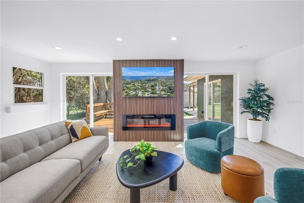 Fireplace, Interior, Living room, Recessed Lighting, Wood Texture Flooring
