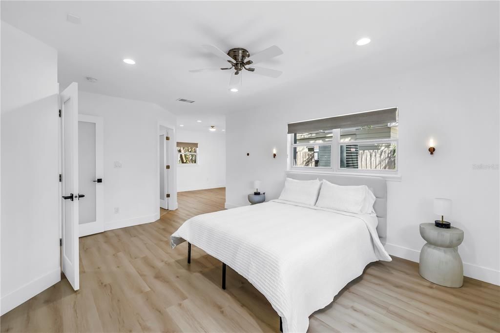 Bedroom, Interior, Recessed Lighting, Wood Texture Flooring